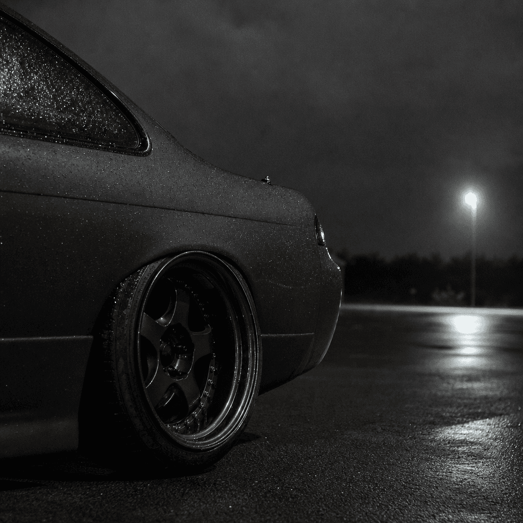 1996 Nissan 240SX S14 in Stance style, shot at night